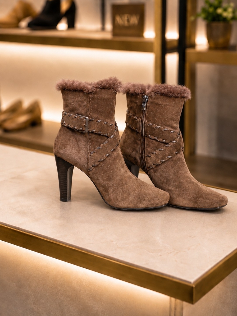 Apostrophe  Vintage Brown Suede Faux Fur Trim Ankle Boots Size 7